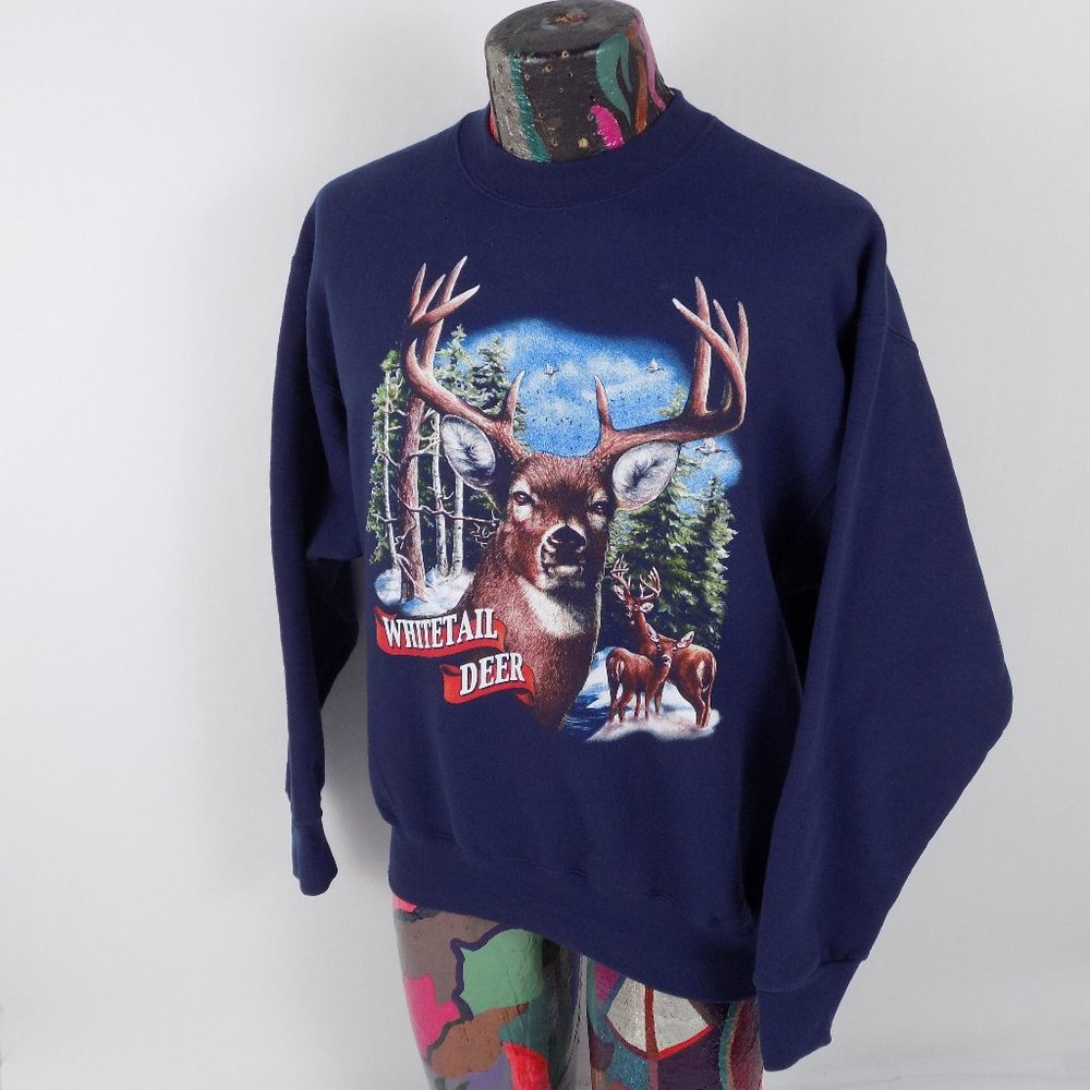 Vintage Blue WHITETAIL DEER Sweatshirt Large - Picture 6 of 8